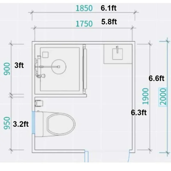 1mobilebathroom-shower-layout-1.webp Portable Restroom with Shower 6.6×6.1ft Unit