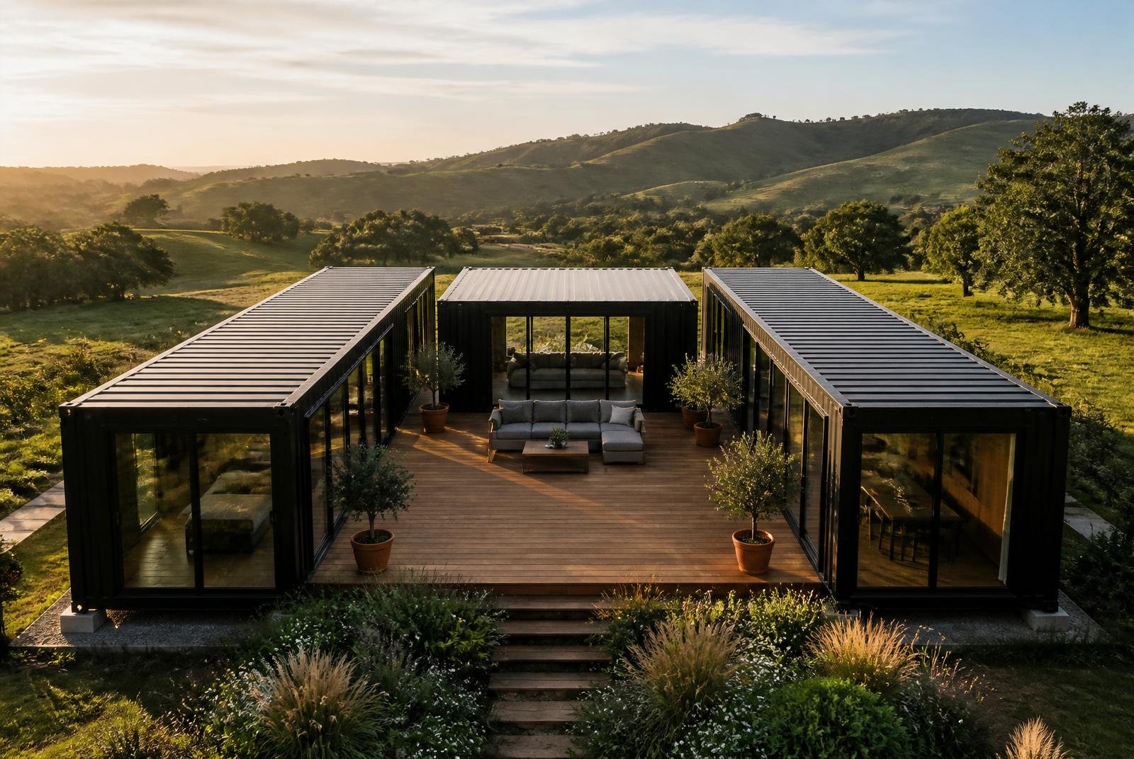 Trinity 100ft U-Shape Modular Container Home - 2 Bedroom, 2 Bathroom, Central Deck (Two 40ft + One 20ft)