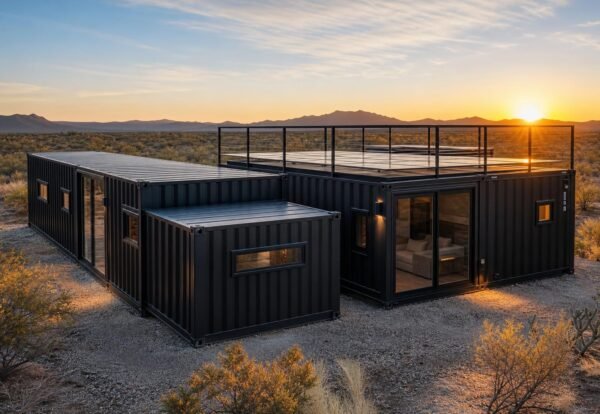 ultimate-villa2Fv22F03-front-three-quarter.jpg The Ultimate Container Home - 10 Module Luxury Courtyard Wellness Villa with Plunge Pool, 3 Bedrooms, Office, Art Studio & Recovery Room